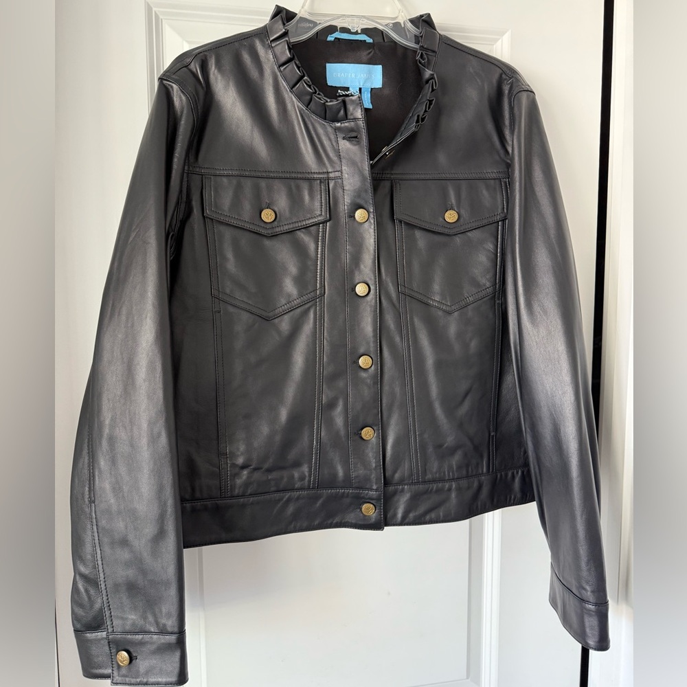 New With Tags Draper James Black Leather Jacket with Ruffle Collar, Size XL